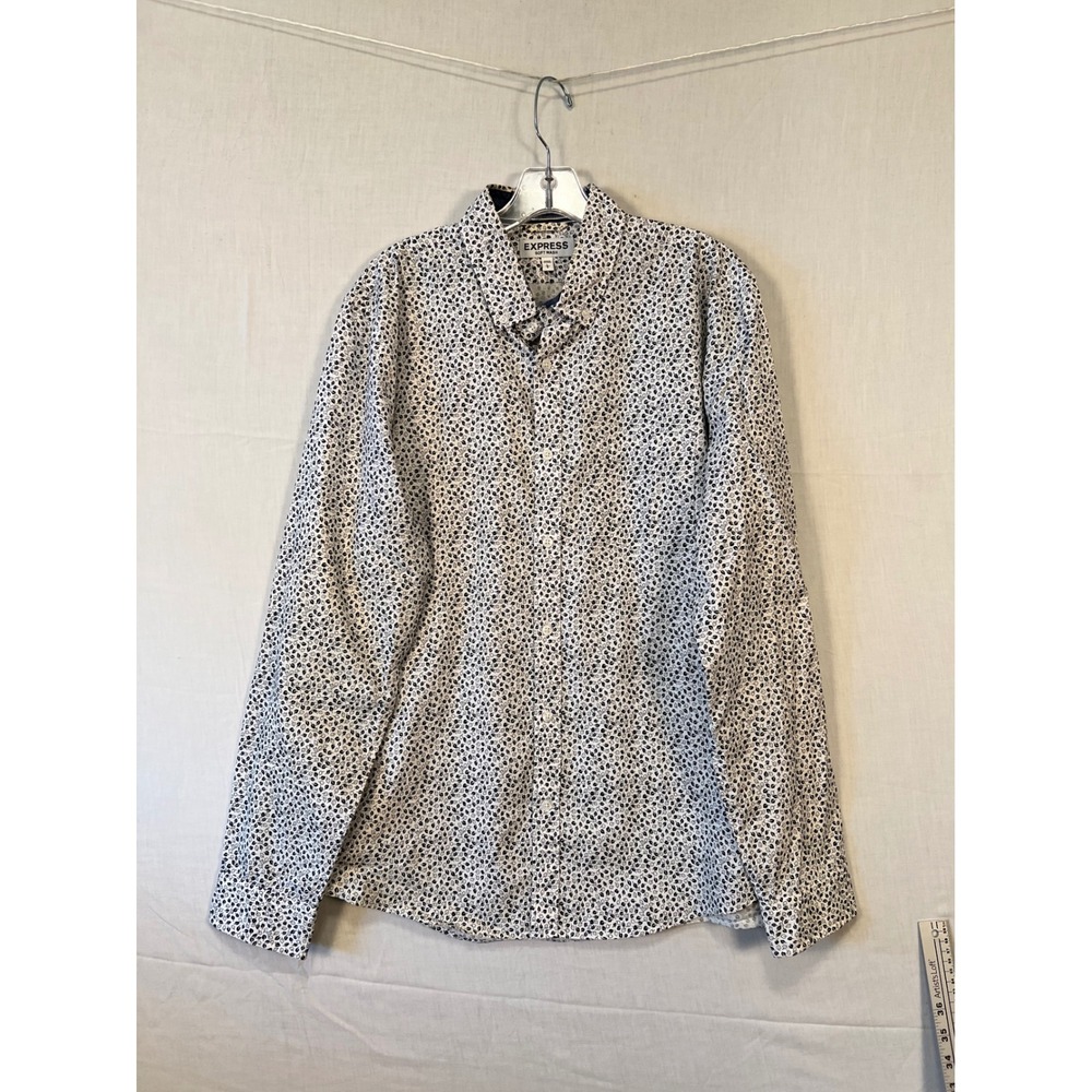 Express Soft Wash Mens Large White Black Leaf Print Cotton Button Down Shirt